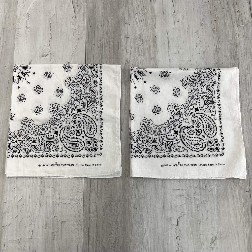 Hav-A-Hank Black White Cotton Paisley Bandana Handkerchief Square 2 Scarf Bundle